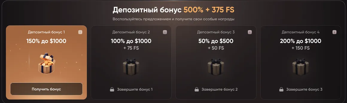 Депозитный бонус EpicStar по шагам: 150% до $1000, 100% до $1000 + 75 FS, 50% до $500 + 50 FS и 200% до $1000 + 150 FS.